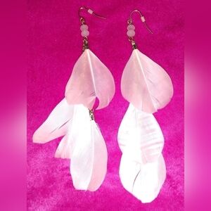 Rose Beads 3 Pink Feathers 2 Chains Cascading Chandelier Gold Plated Earrings